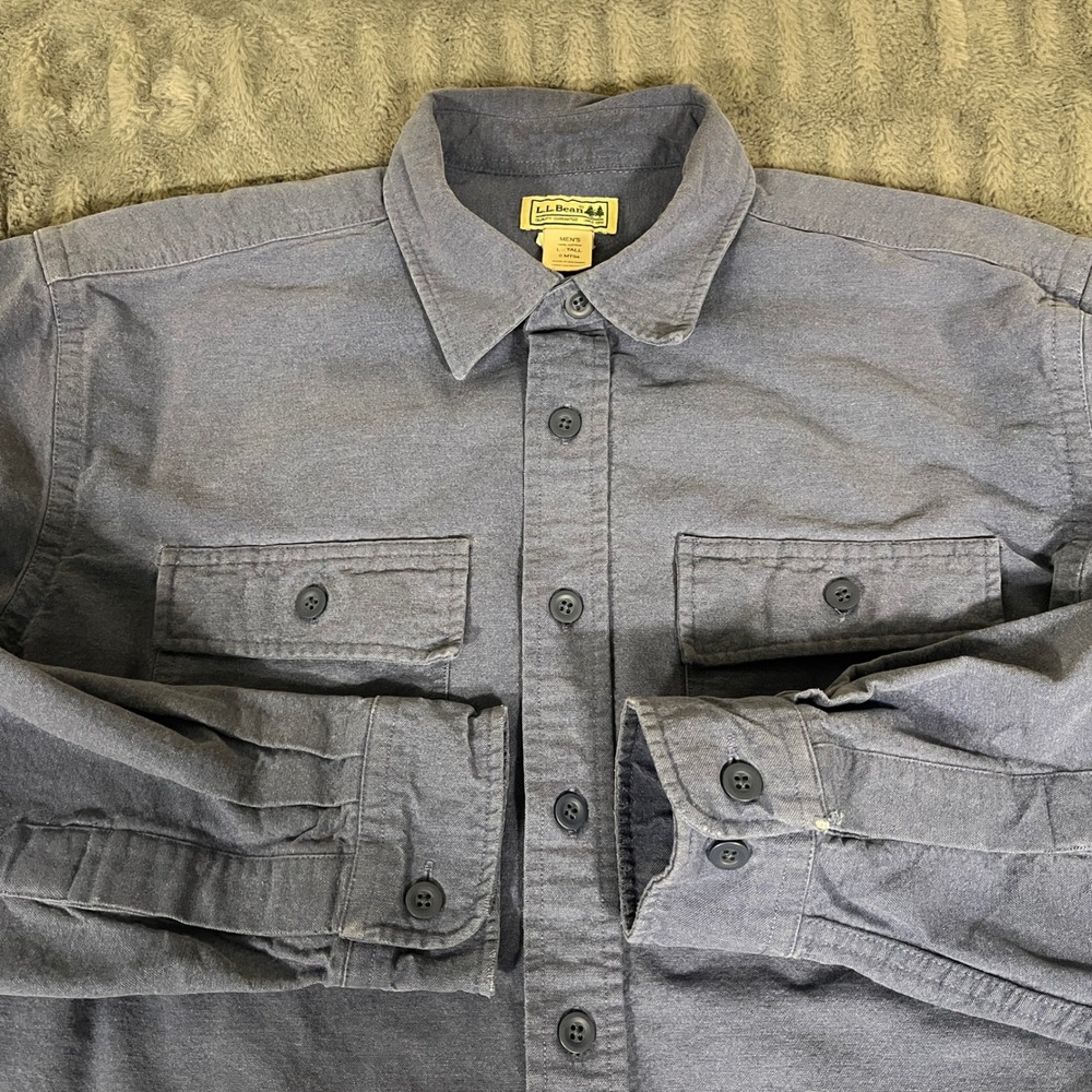 LL Bean Mens Large Tall Blue Cotton Chamois Flannel Shirt Long Sleeve 0MT04